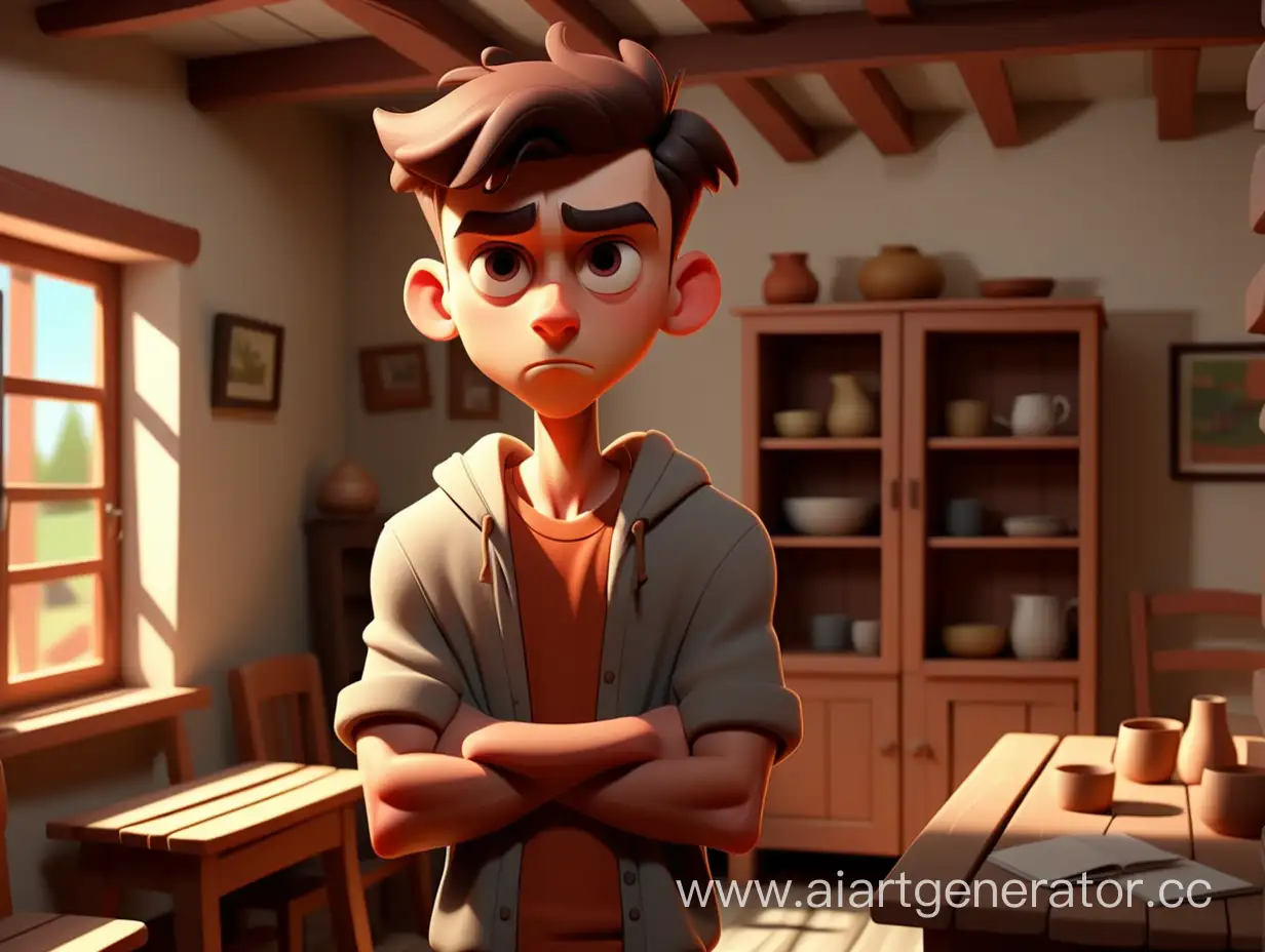 cartoon style, 8k, one young man standing in the village room looking at the camera 