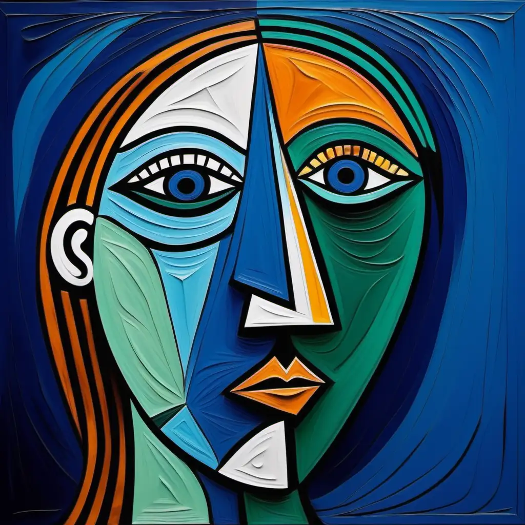IN THE STYLE OF PICASSO CREATE ART ABSTRACT USING DEEP BLUE, GREEN AND SOME AMBER