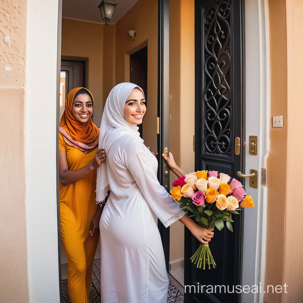 Arab Woman Smiling Giving Flowers to African Woman at Apartment Door