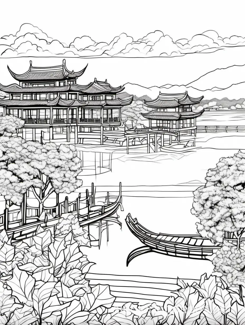 Create a b/w coloring book page of - The  West Lake, Hangzhou ; line-art; realistic; bold lines; white background; no color, no grey-tone, no shading ; , Coloring Page, black and white, line art, white background, Simplicity, Ample White Space. The background of the coloring page is plain white to make it easy for young children to color within the lines. The outlines of all the subjects are easy to distinguish, making it simple for kids to color without too much difficulty