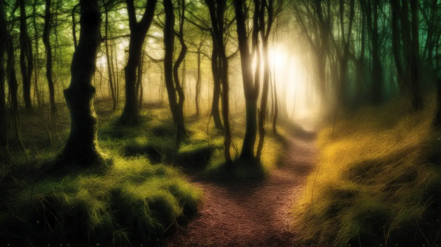 Enchanted Forest Footpath in Warm Sunlight