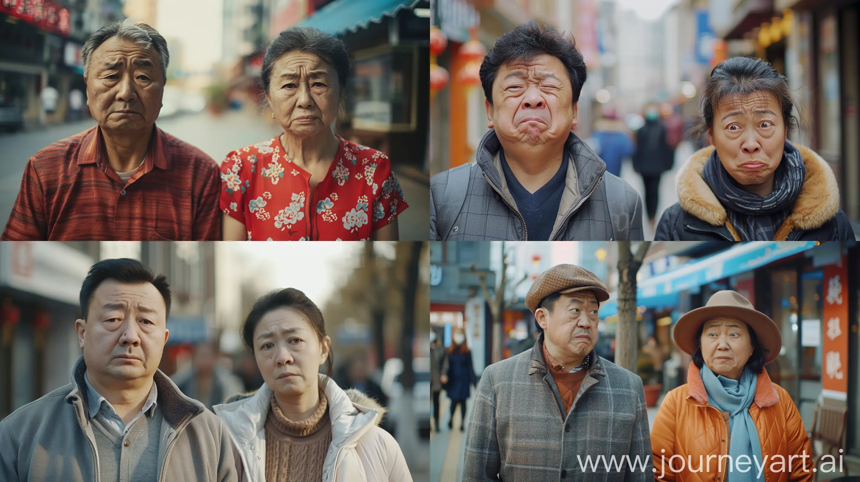 一个中国30岁男子和一个328岁女子，都不开心，背景是户外街上，真实照片，画面明亮 --ar 16:9