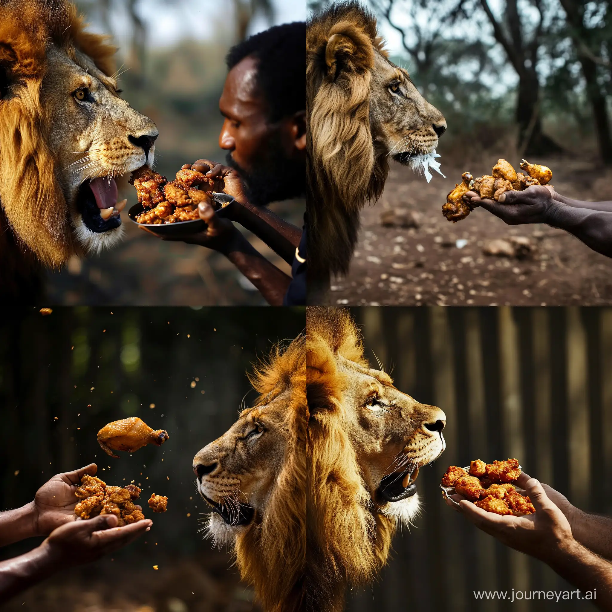one men in hand fry chicken meet and lion eating chicken meet from men hand
