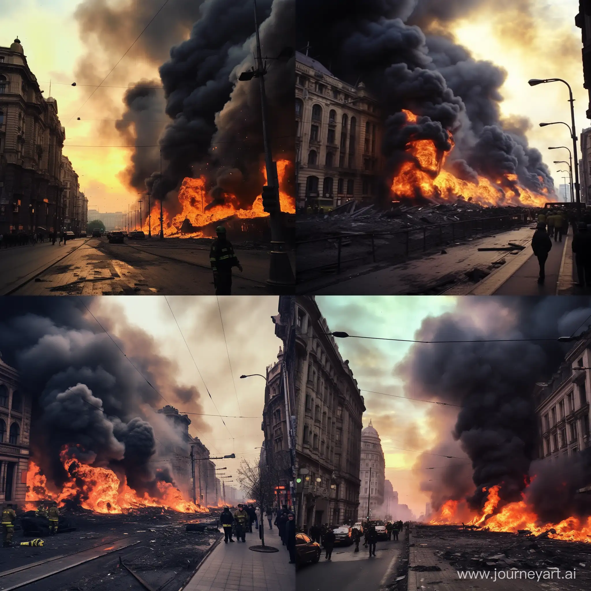 Khreshchatyk, the central street of Kyiv is burning after massive bombings, the sky is covered with black smoke, the remains of soldiers lie on the street