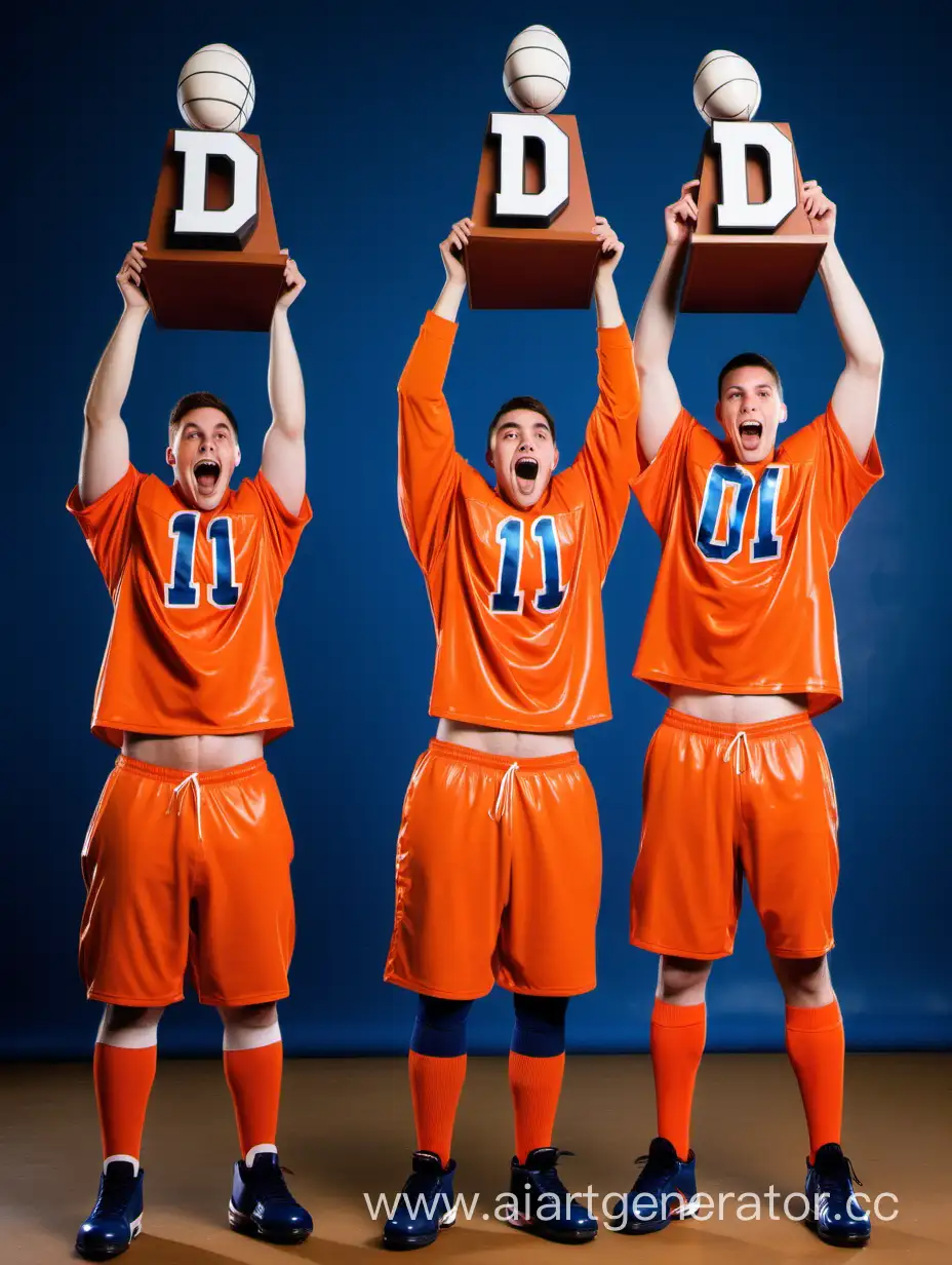Хоккеист, баскетболист и футболист одеты ф оранжеваю с синим формус буквой D, счастливые и держат над головой кубок