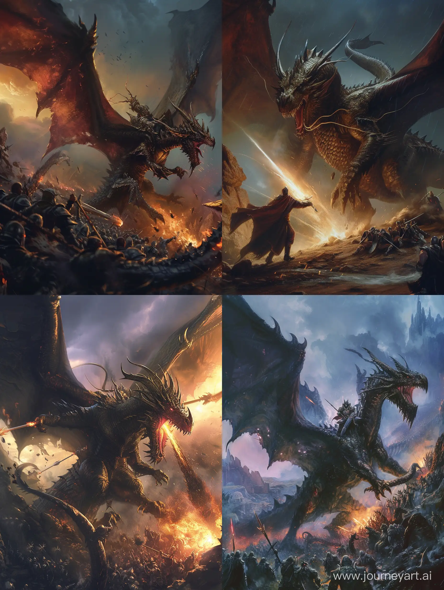 large dragon rider destroying an army and use his dark magic, dramatic lighting, detailed, fantasy setting