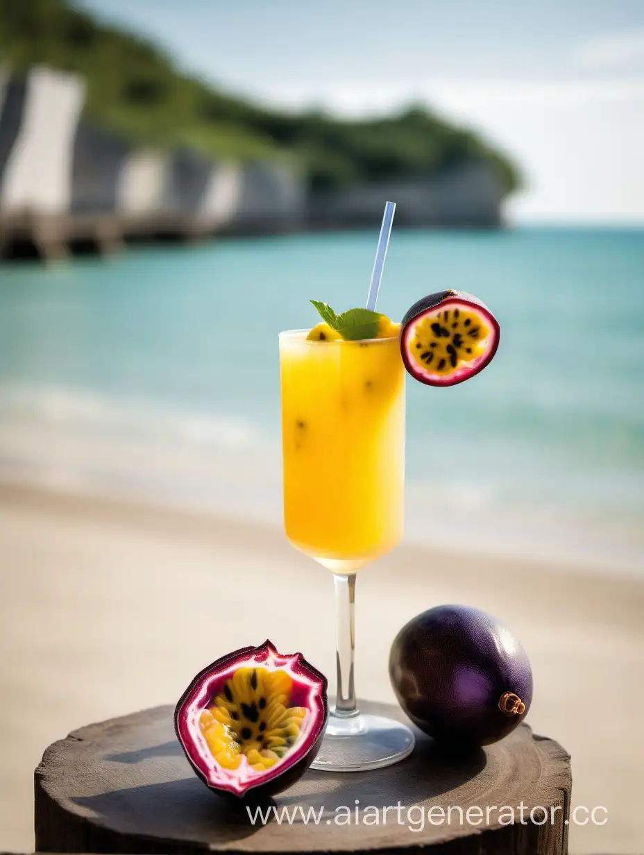 красивый коктейль с кусочком маракуи на берегу моря