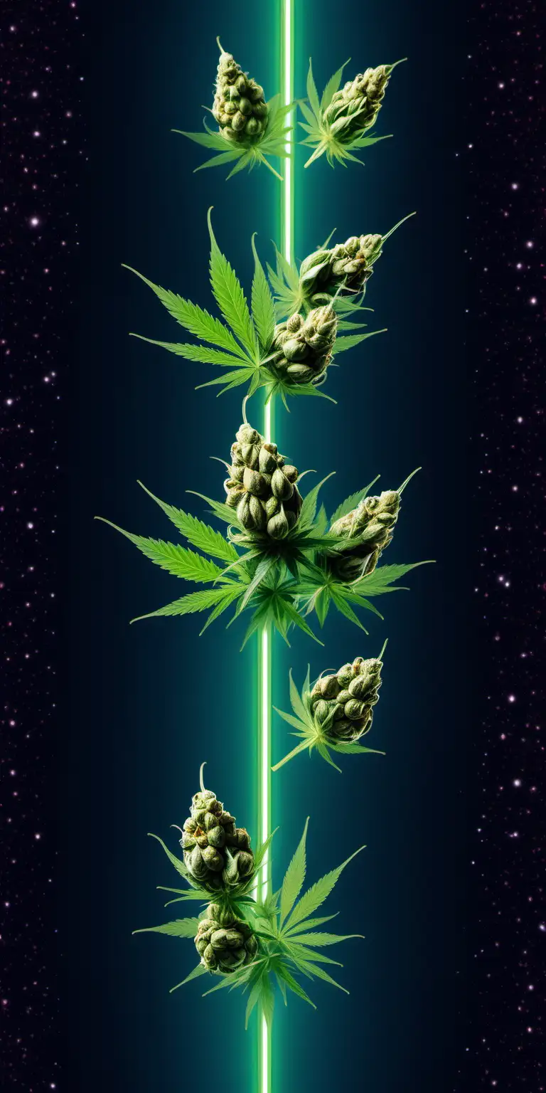 repeating pattern photo realiztic cannabis buds floating through space with a neon stripe