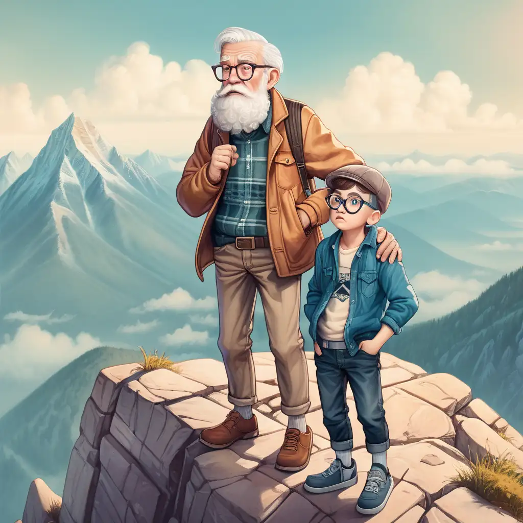 Old man on top of a mountain in hipster clothes with his confused son