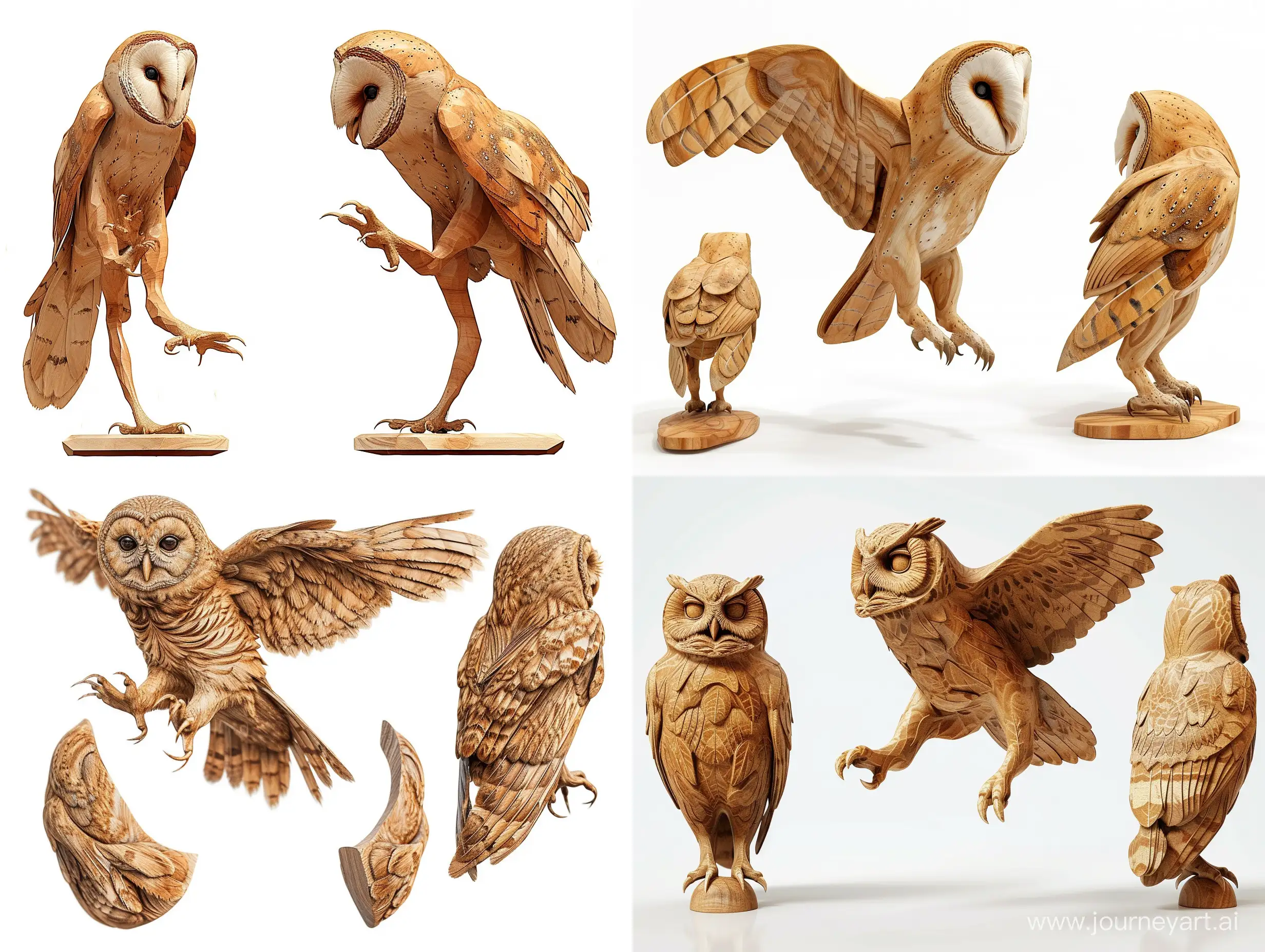 Professional sketch for wooden sculpture, a full-length owl jumping full-face and in profile, professional dynamic character, front back view and side view, wood carving, white background, 8k Render, ultra realistic