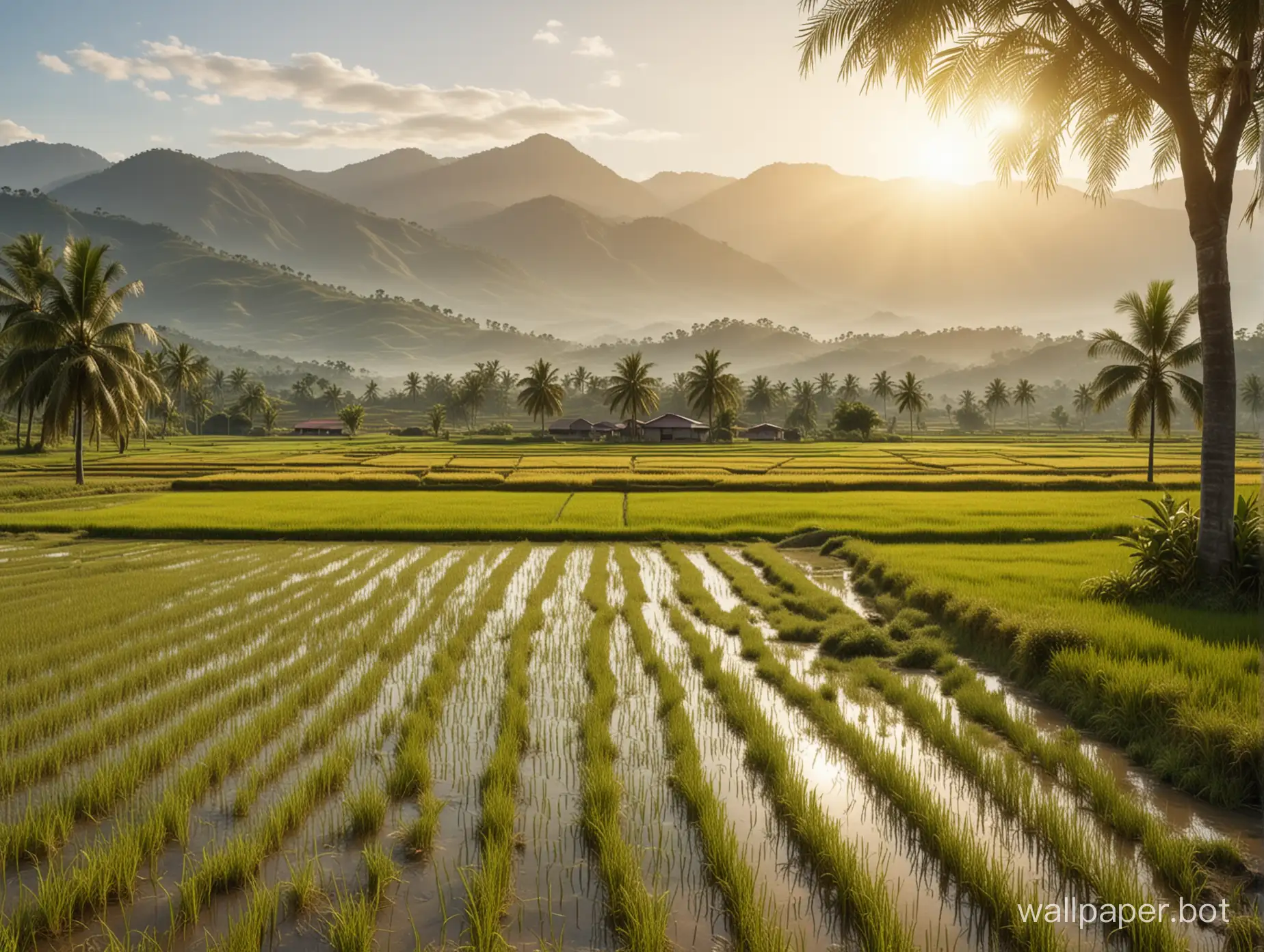 Farm view, background with rice field in front and open ground in the middle and rice fields in the foreground and the back, green mountains in the back, morning mood, realistic and highly detailed, sunlight scattering around. very few yellow trees in the back, and the camera is on the ground level.