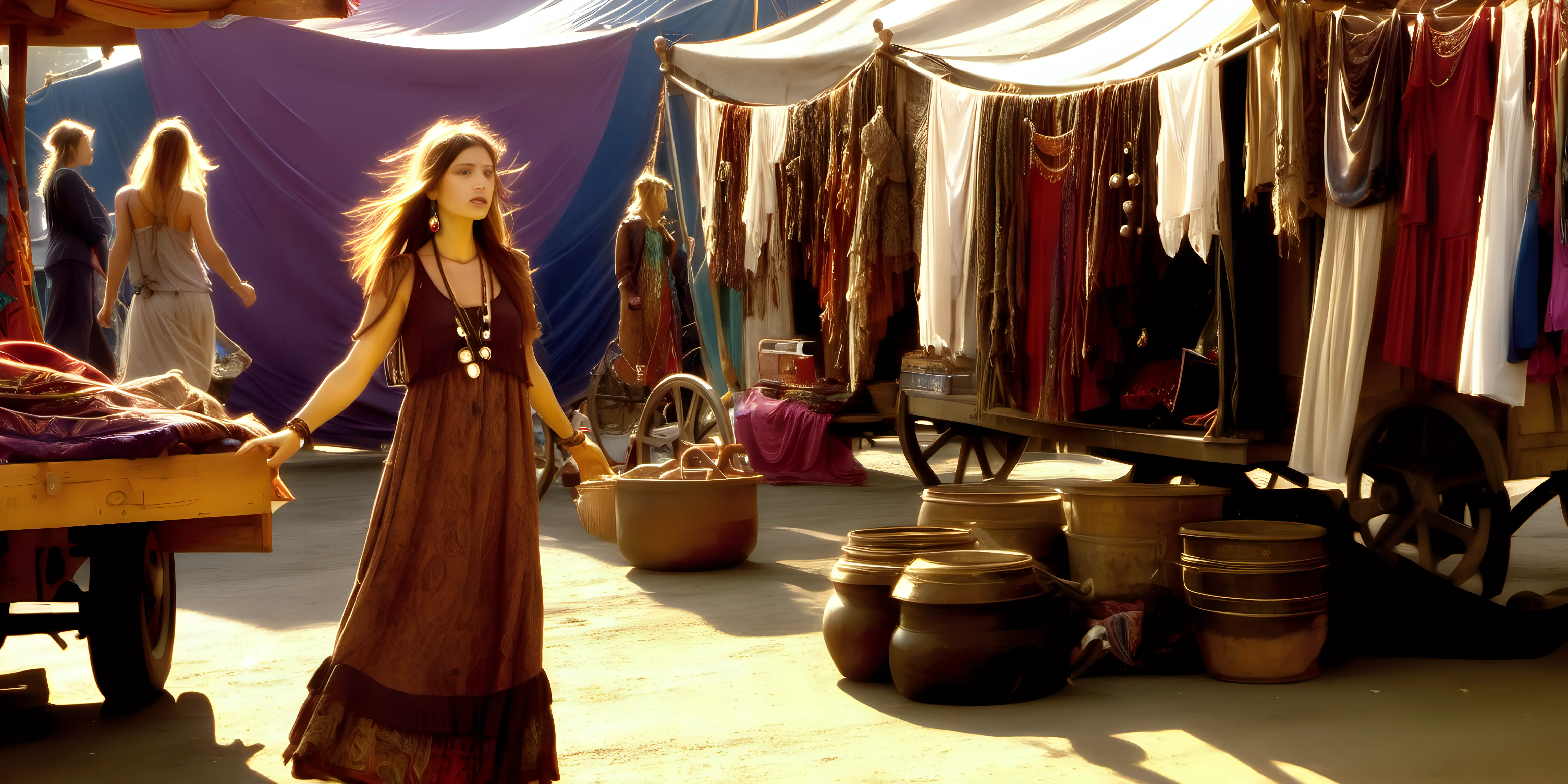 bohemian dreaming  at a clothing market, , there is a gypsy wagon in the background