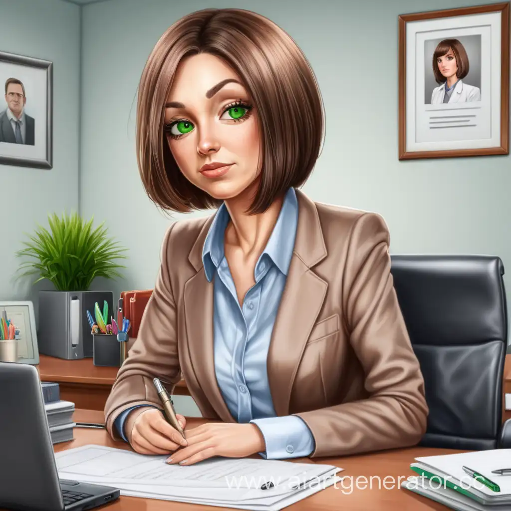 мама 37 лет .  с коричневыми  волосами и с каре , зеленые глаза , работает в офисе . уставшая на вид