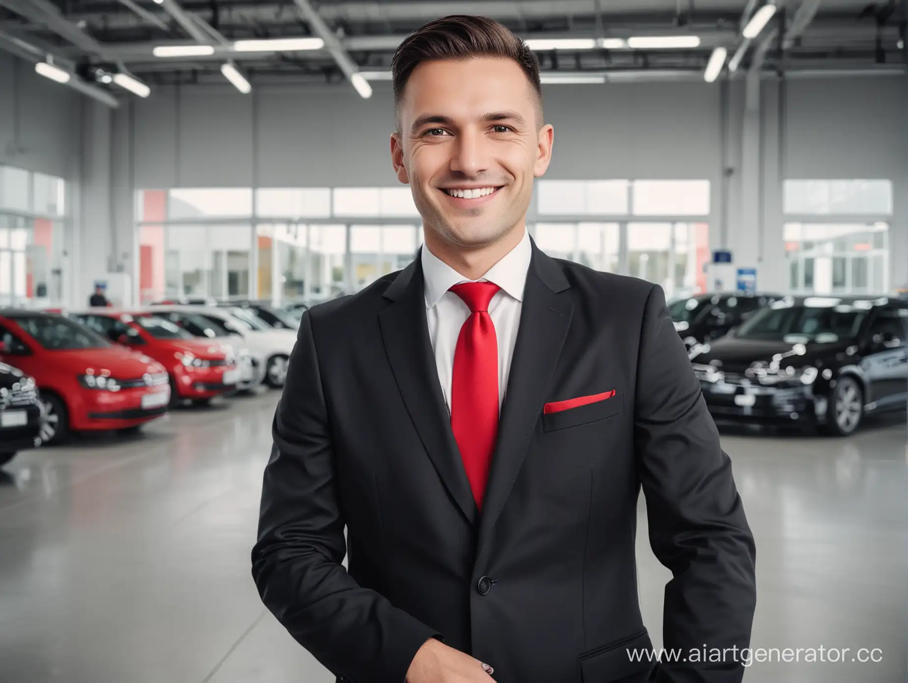 фон сервисный центр Volkswagen, менеджер в черном костюме с красным галстуком, смотрит на нас и улыбается