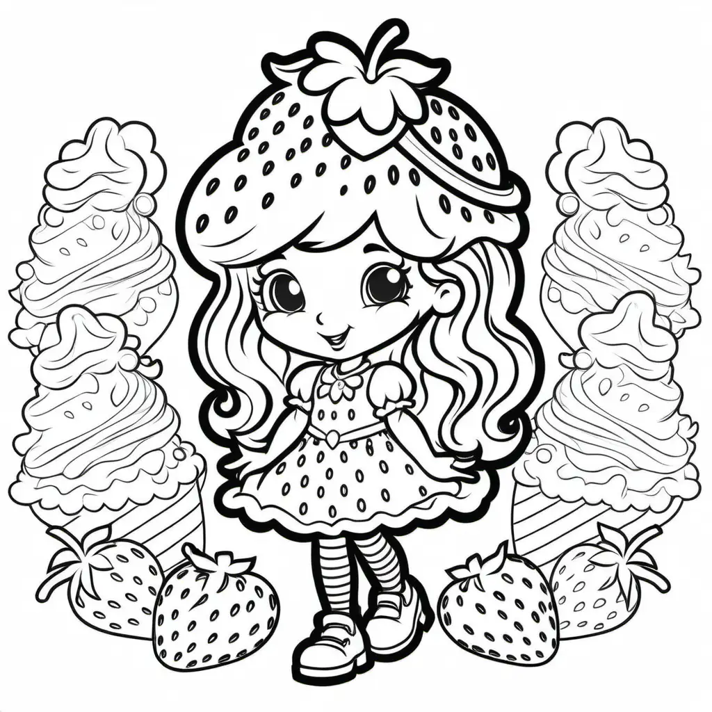 colorful, strawberry shortcake 
coloring page, valentine theme, cartoon style, very white background, no shades