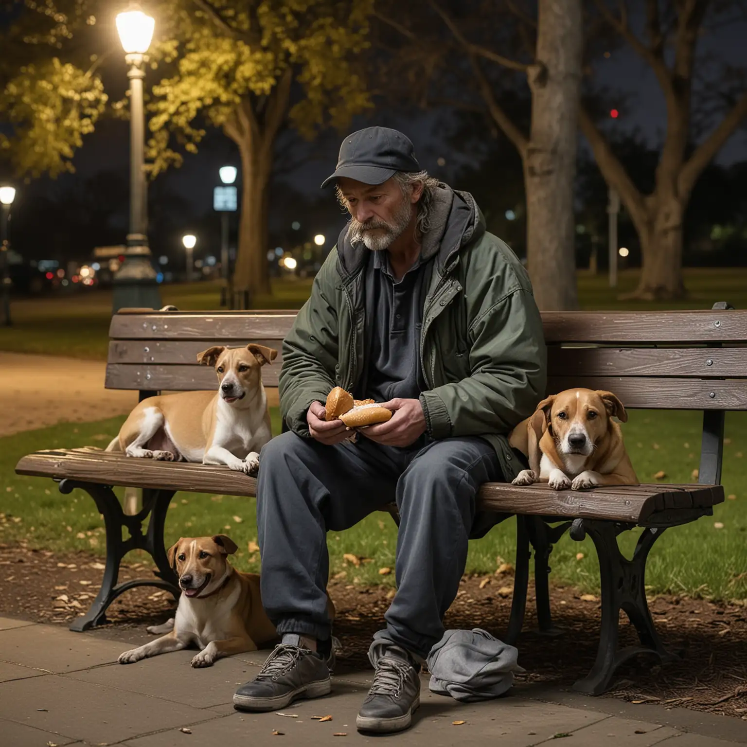 Homeless Gentleman Feeding Dogs at Night in the Park