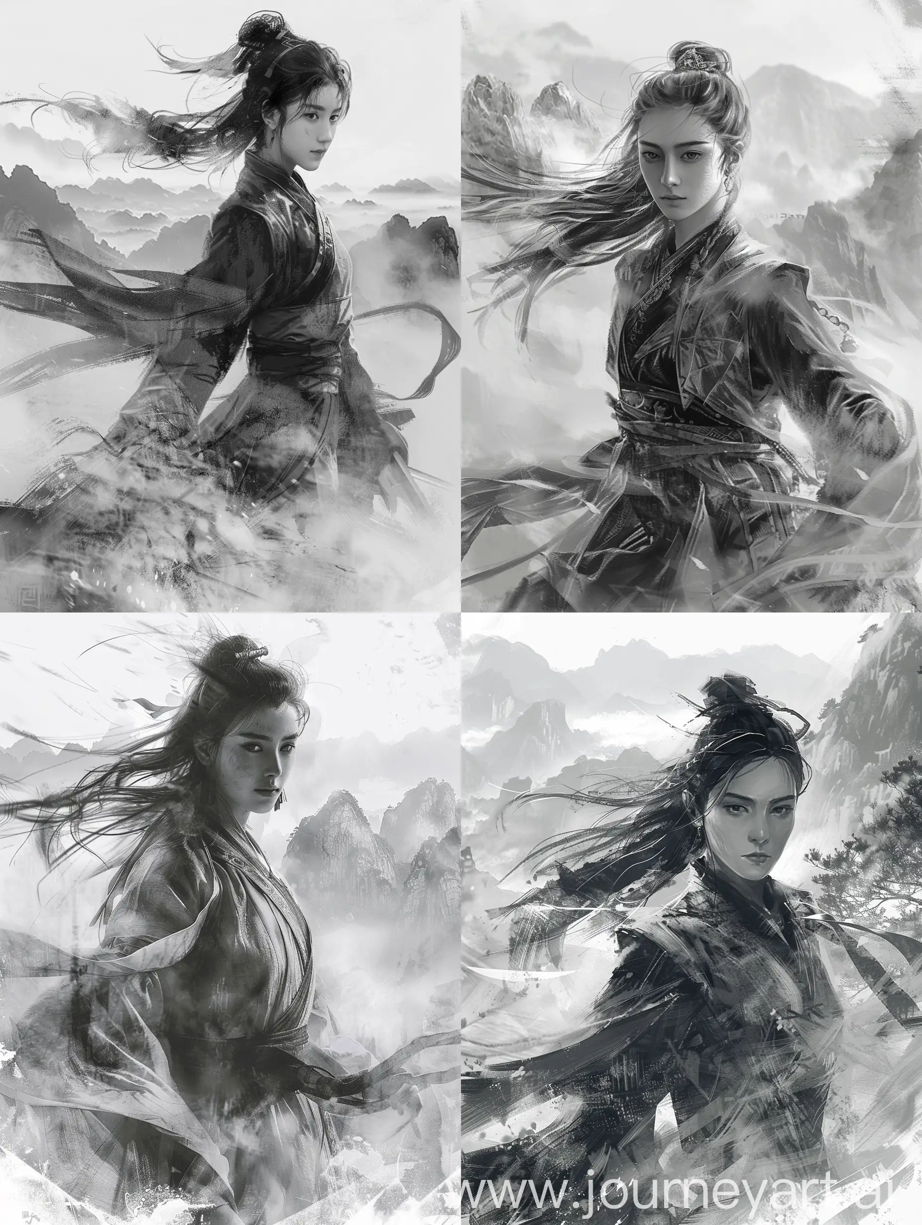 A portrait of a female warrior in traditional Wuxia garb, stern gaze, hair elegantly tossed by the motion. The misty mountains of ancient China in the distant, ethereal fog creeping around her feet. Created Using: ink wash painting style, fluid lines, grayscale with subtle color accents, atmospheric perspective, detailed fabric texture, serene yet powerful ambiance, natural outdoor lighting, historical authenticity --ar 3:4 --v 6.0