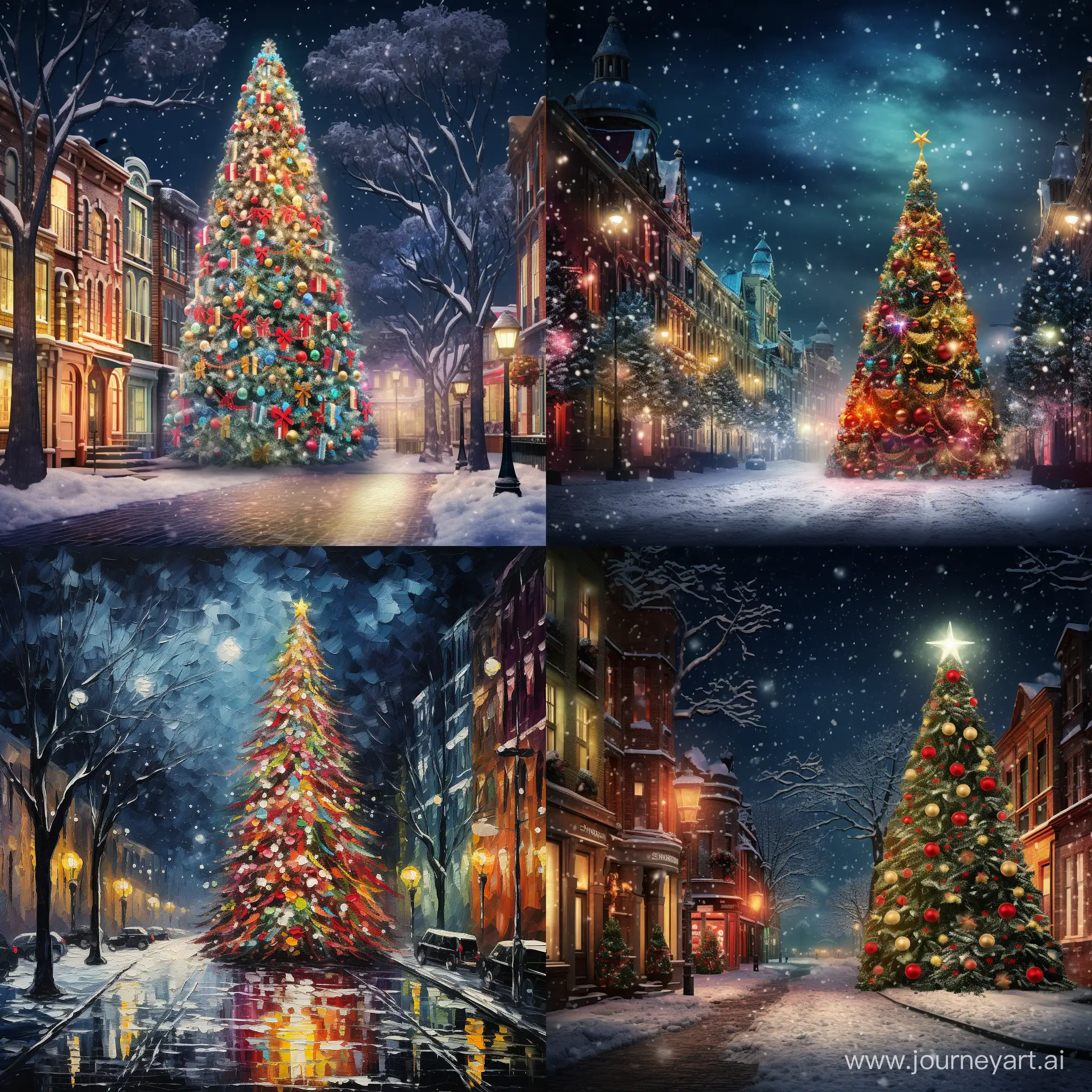Colorful snowy Christmas tree on a street ať night