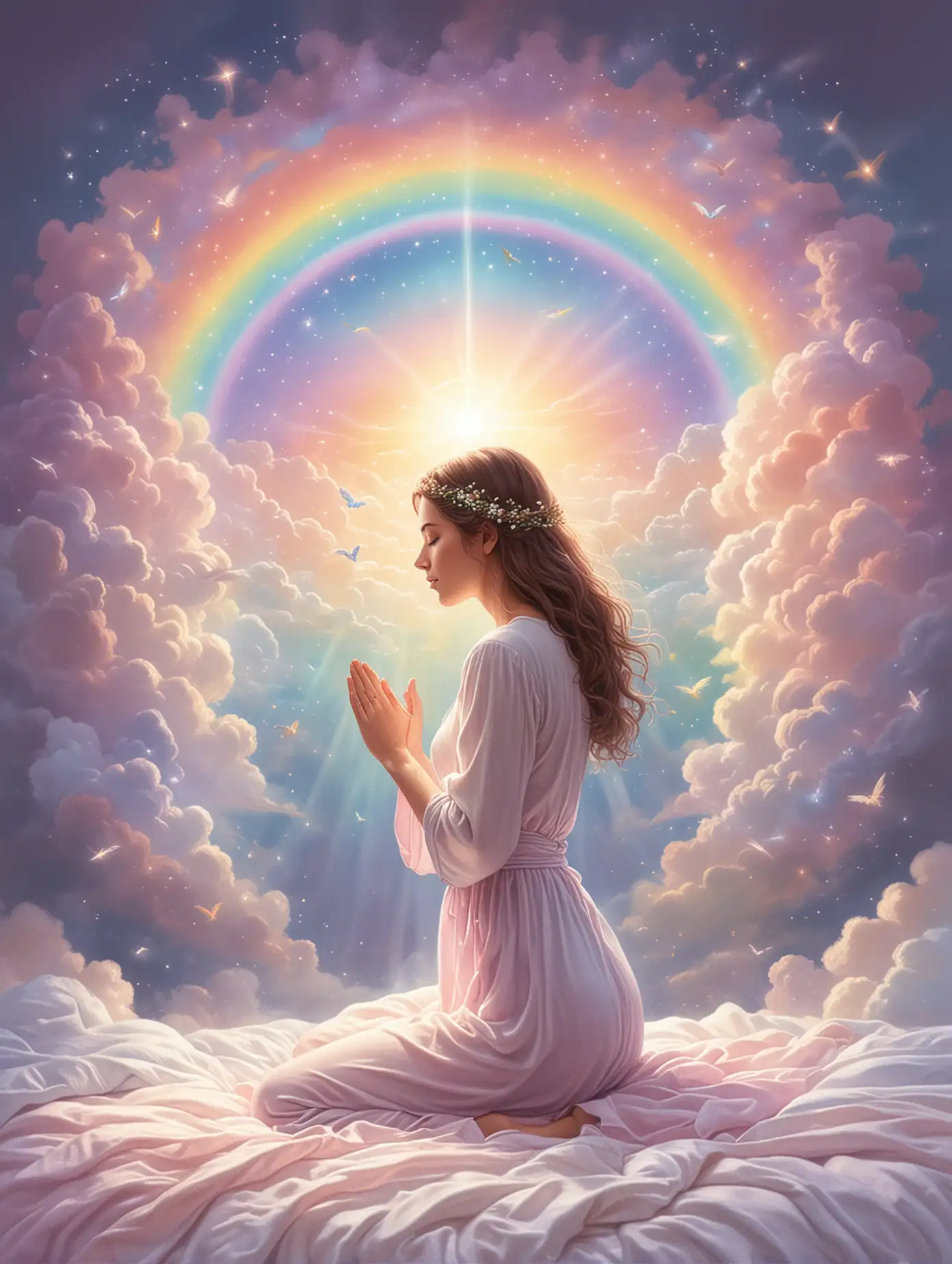please create a pastel rainbow artwork that depicts a person about to go to sleep praying: Dear Divinity,

Goodness above,
Thanks for your guidance, protection, and love.

Thank you for helping my body rest,
while each cell improves to its best.

Thank you for helping my mind clear,
As my subconscious resolves, ascends, and reveals.

Thank you for helping me grow through my dreams
And for the support of my spirit teams.

Thank you for waking me with a reignited light,
 New strength and wisdom to live with love and might.