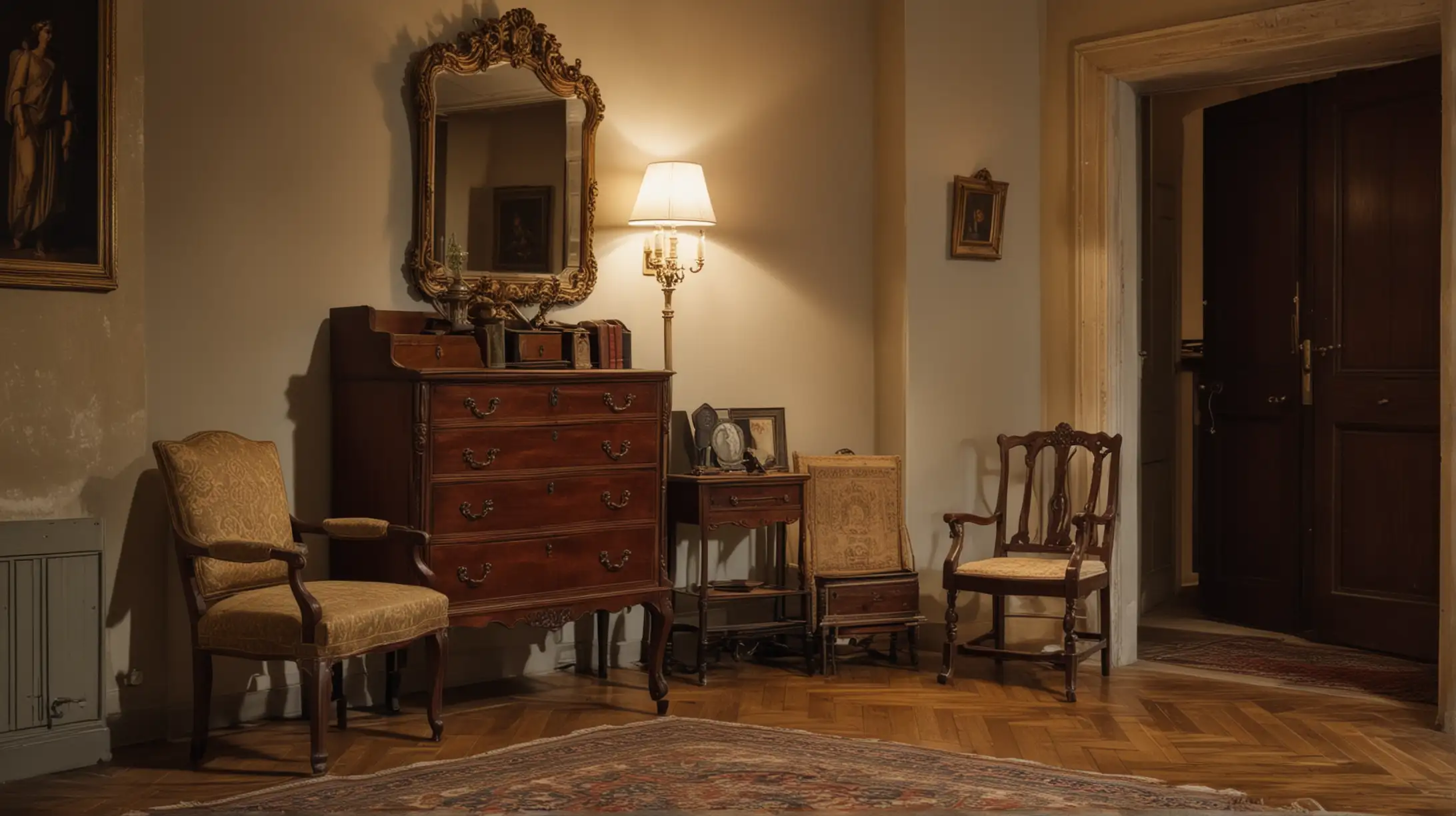 Nighttime Scene Vintage Interior of Prague House with Armchair and Chest of Drawers
