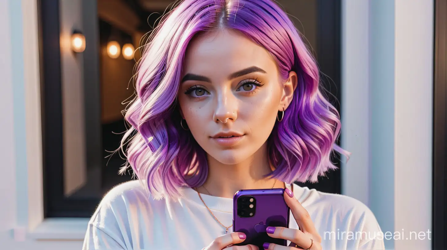 an influencer with purple hair holding a smartphone