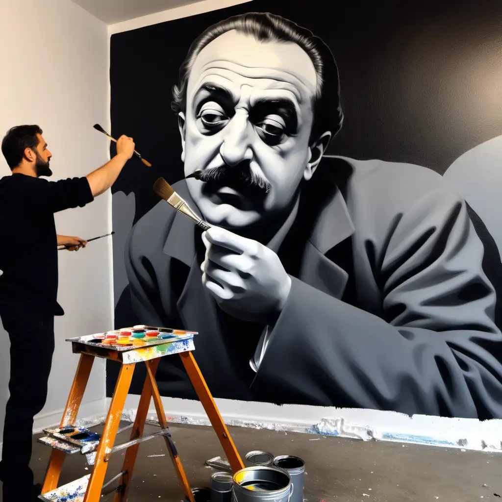 artist sitting on a stool, painting a large mural of a Khalil Gibran . The mural is striking, with the man portrayed in a monochromatic style, predominantly in shades of black and gray, creating a bold contrast with him and the warm tones of his clothes with one hand touching his face. The artist is holding a palette and a paintbrush, actively working on the mural. Paint cans and brushes are scattered around on the floor, indicating a creative and dynamic work environment.