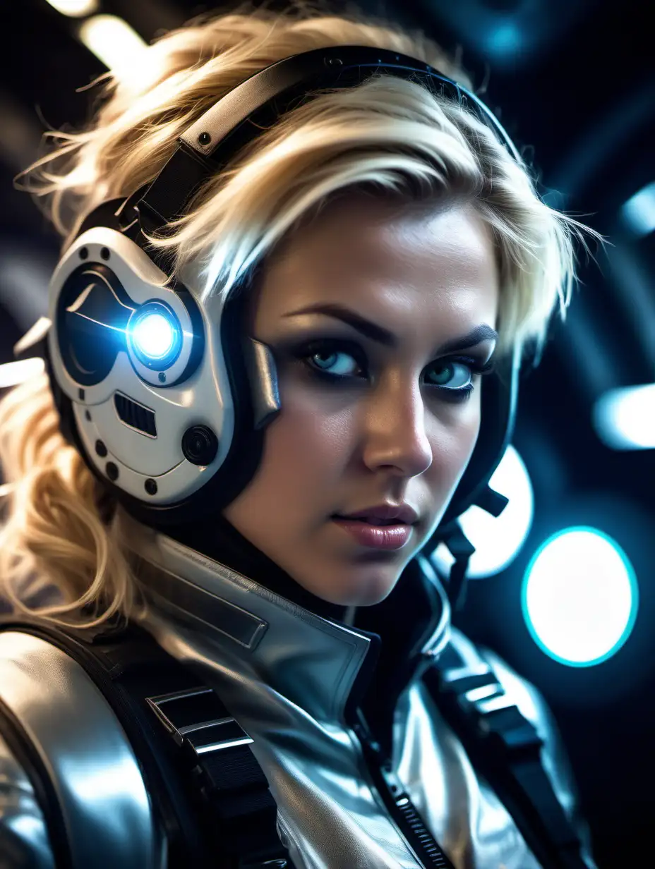 Beautiful Nordic woman, very attractive face, detailed eyes, big breasts, dark eye shadow, messy blonde hair, dressed in a Anthem javelin pilot suit , wearing a helmet, close up, soft light on face, rim lighting, facing away from camera, looking back over her shoulder, inside a futuristic cockpit with glowing lights, photorealistic, very high detail, extra wide photo, full body photo, aerial photo