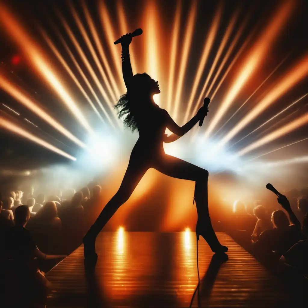 Female singer, standing posture, silhouette, photorealistic, light blinder style, stage fog, audience in front.