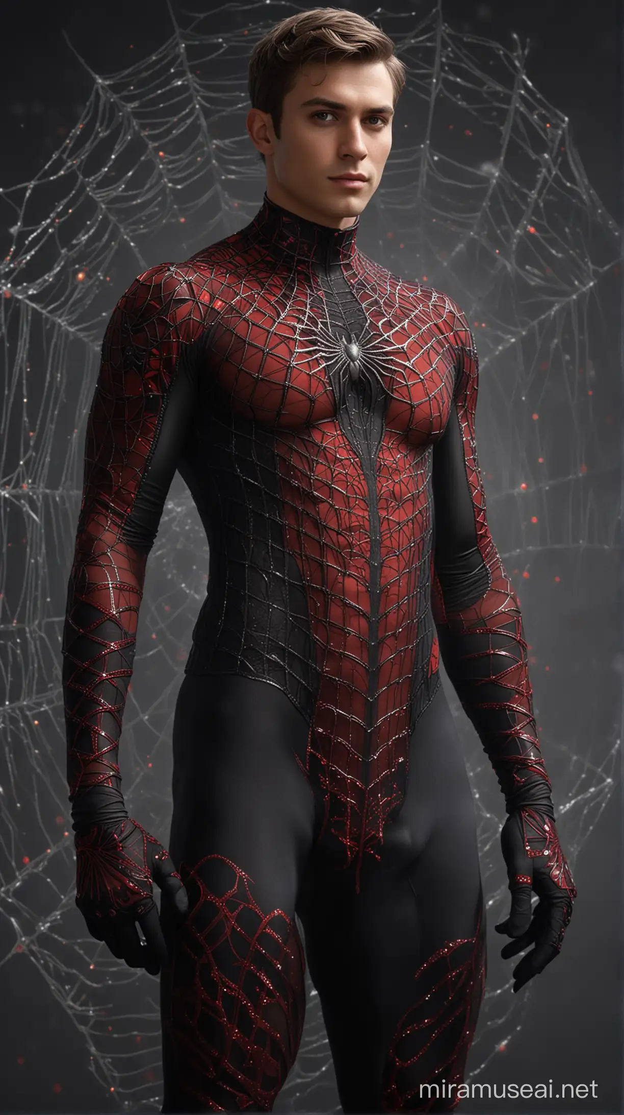  Full full body photorealistic ultra realism high definition aesthetic stabilized diffusion picture of handsome hunky fractal clean shaven  Zayne as celestial Arach, wearing black and red spider web filigree sparkling biomorphic transparent overall tight fit spandex and gloves.. standing in with hand on the hips.