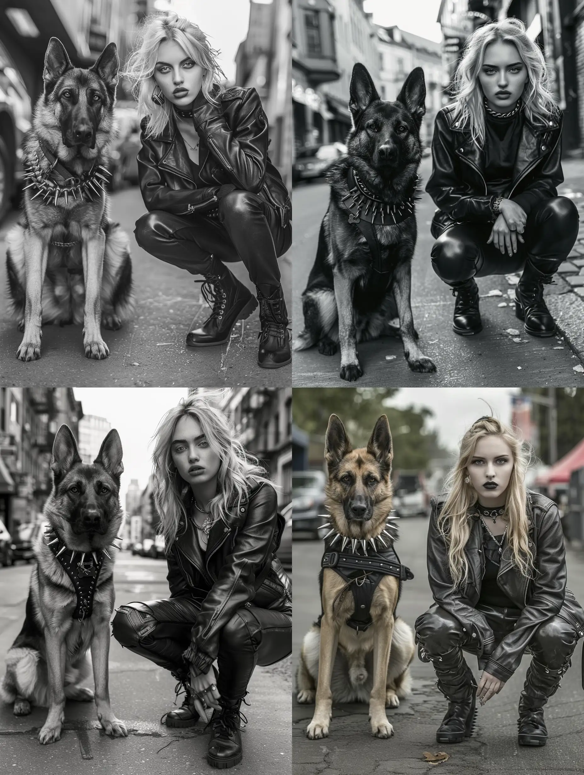 A girl with blond hair squats on the street in a leather jacket and leather pants, her face is clearly visible and looks into the camera next to her German Shepherd dog in a collar with spikes. 