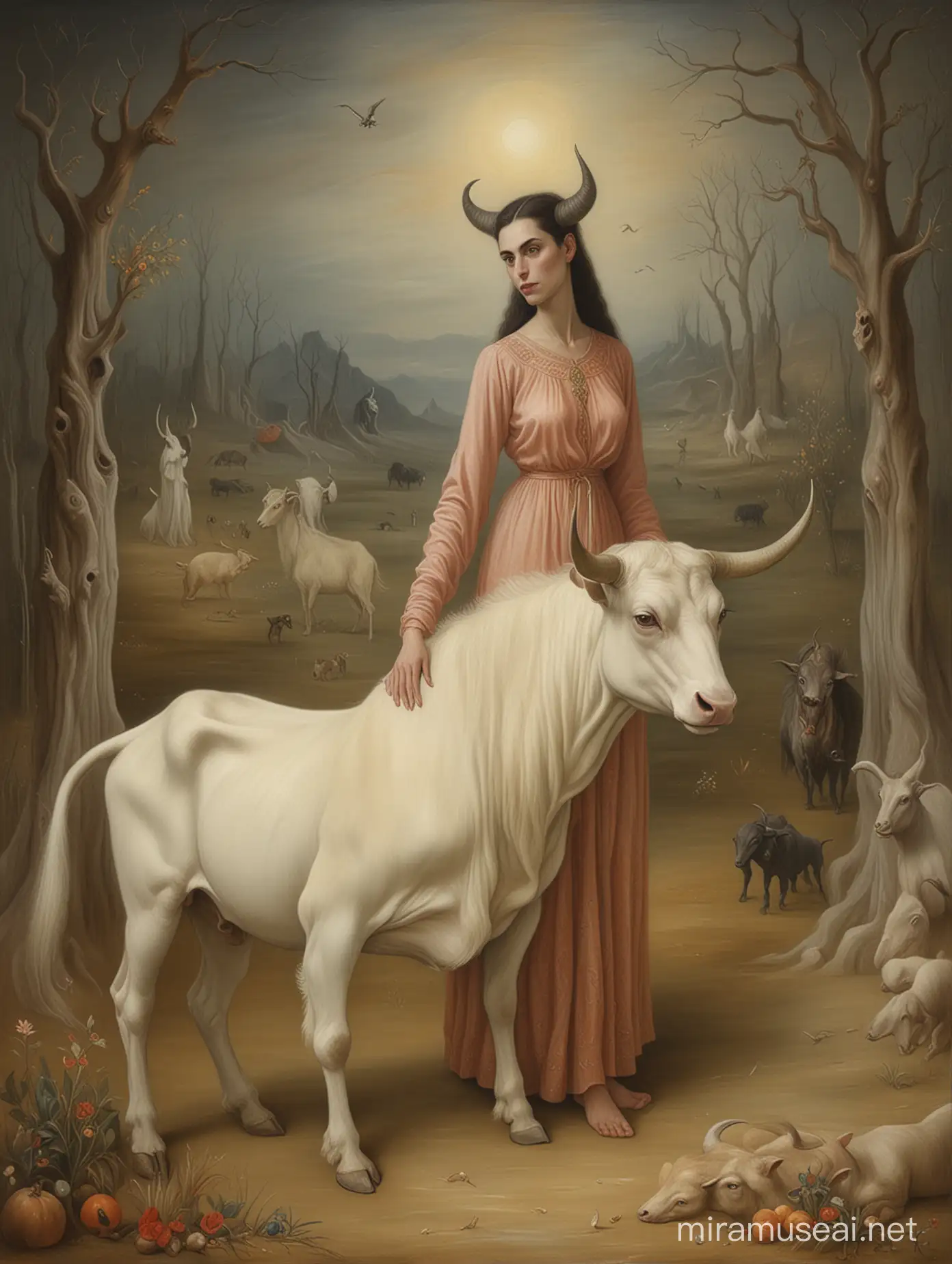 Highly detailed painting based on ((('And Then We Saw the Daughter of the Minotaur' by Leonora Carrington, 1953))), a female figure and a white bull in a desert landscape, use muted pastel colors only, high quality