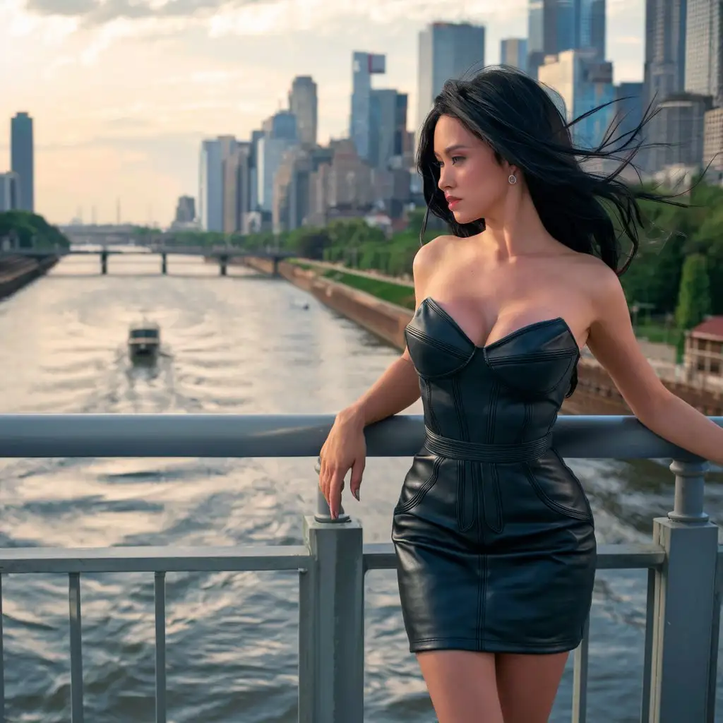 Красивая женщина в черном коротком кожаном платье стоит на мосту через широкую реку, смотрит на воду,длинные черные кудри на заднем фоне город, много высоких домов , по реке плывет лодка