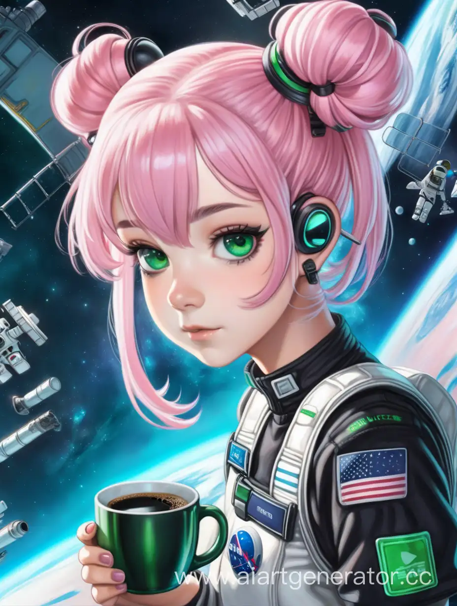 Девушка, нежно-светло-розовые волосы, прическа - двойной пучок, разные цвета глаз - зеленый и синий, пьет кофе, одета в черную форму, на космической станции в космосе