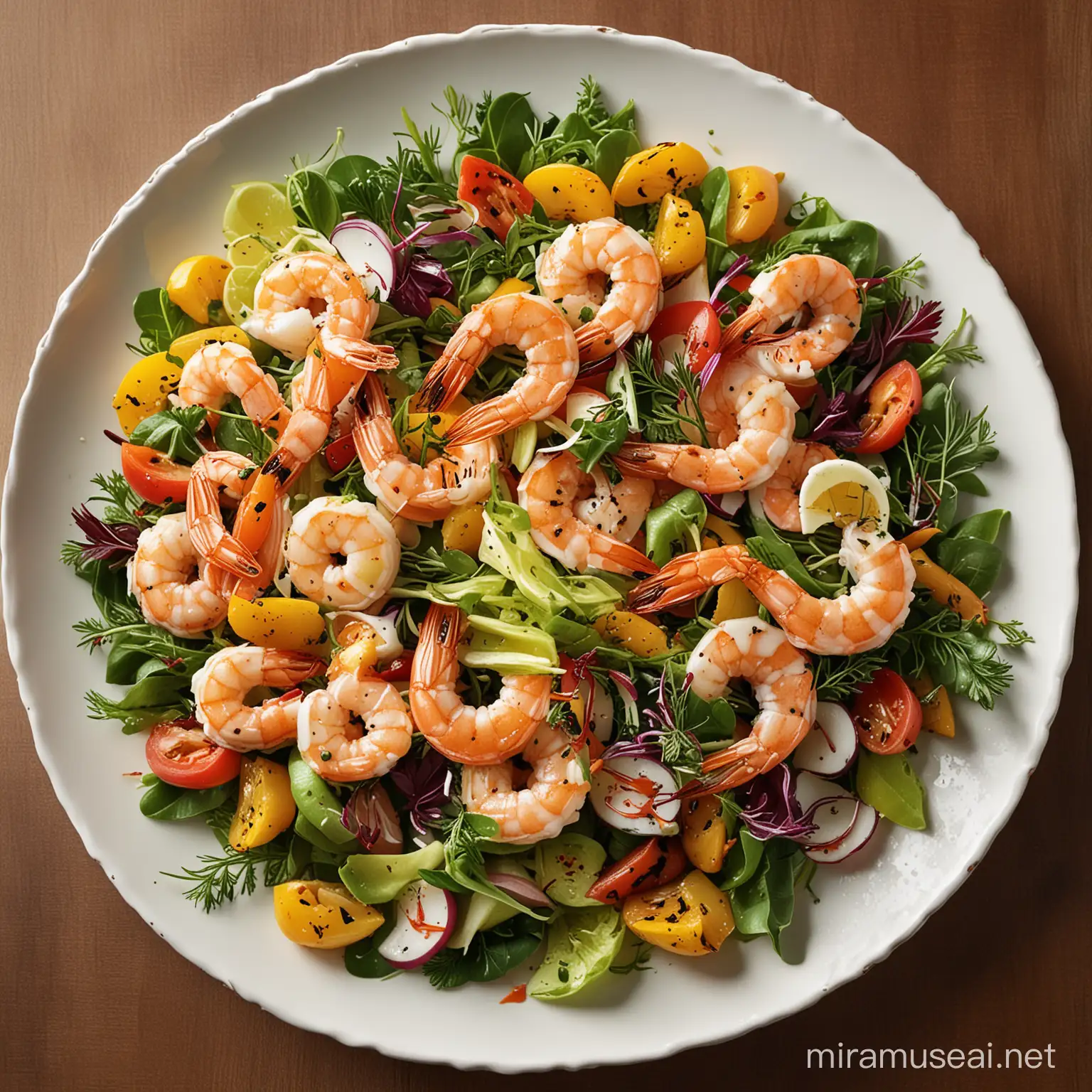 A tantalizing salad arrangement sits atop a white plate, showcasing vibrant colors and textures. Boiled or grilled shrimp, nestled among a lush bed of crisp greens and an assortment of colorful vegetables, takes center stage. The shrimp glisten with a golden hue, enticing the viewer with their succulent appeal. A drizzle of dressing, cascading gracefully over the salad, adds a touch of flavor and moisture. The composition exudes freshness and simplicity, promising a delightful culinary experience for those who indulge.