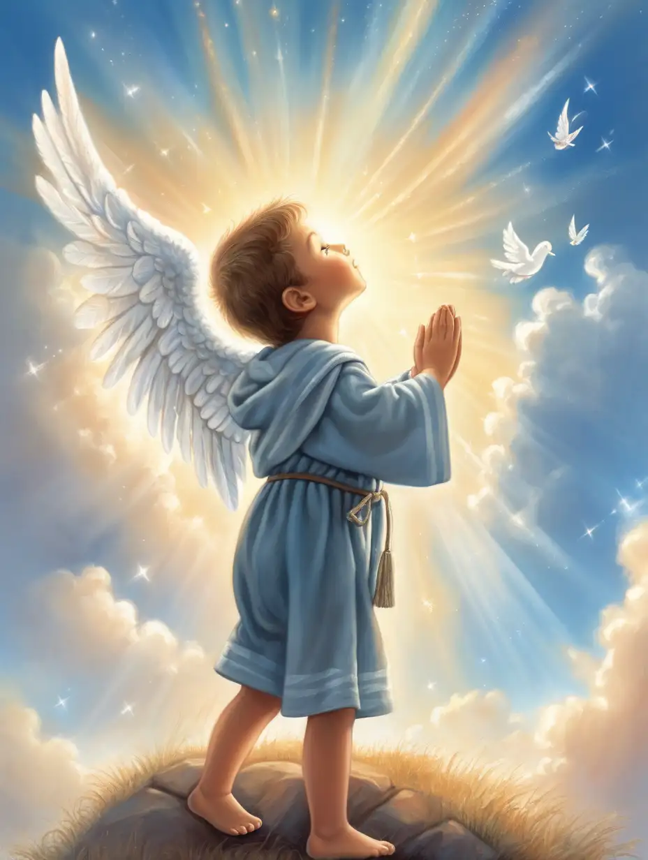Un niño pequeño, que ora al cielo con fé y alegria, el cielo le responde y envia a sus angeles a ayudarlo