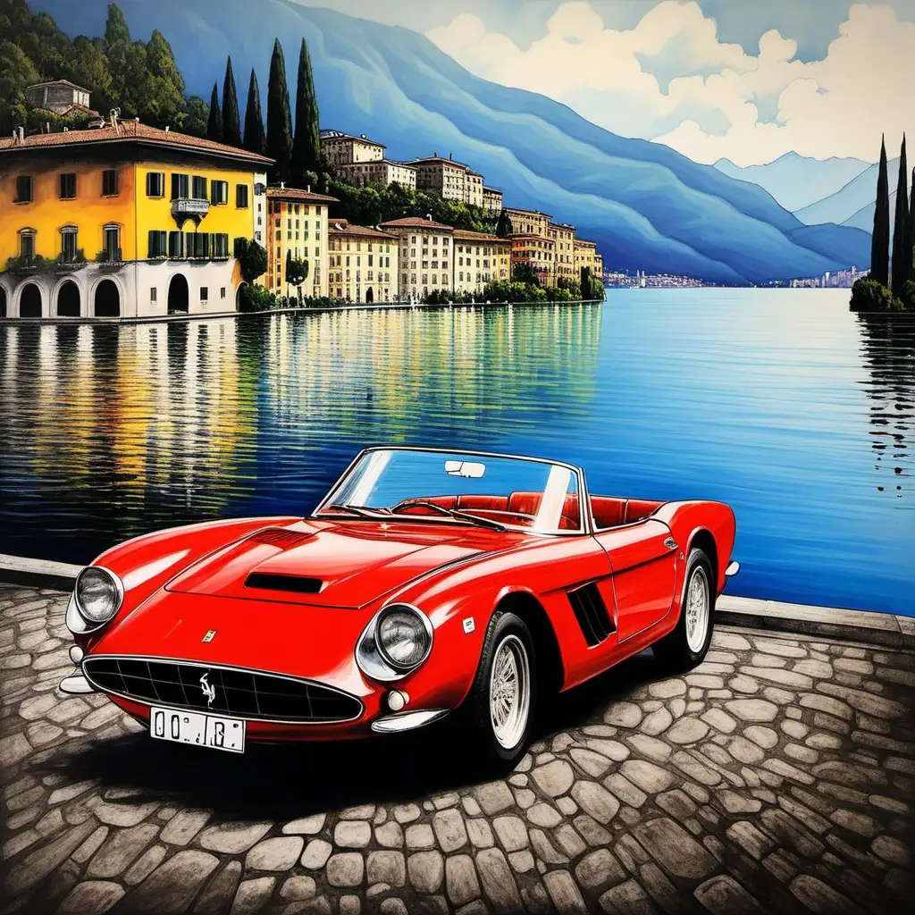 Painting with old Ferrari and como lake