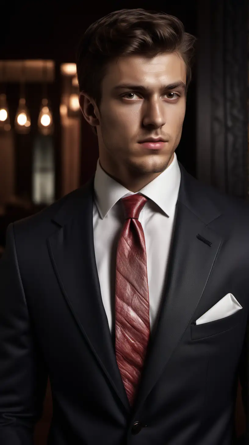 Generate a photorealistic image of a Caucasian individual in their late 20s, muscular, and dressed in an elegant business suit. Their tie should be an exact replica of a piece of meat. Place this individual in a dimly lit, atmospheric restaurant setting. They should exude confidence and charisma while engaging with food on their plate, emphasizing their passion for culinary artistry and sartorial style.
