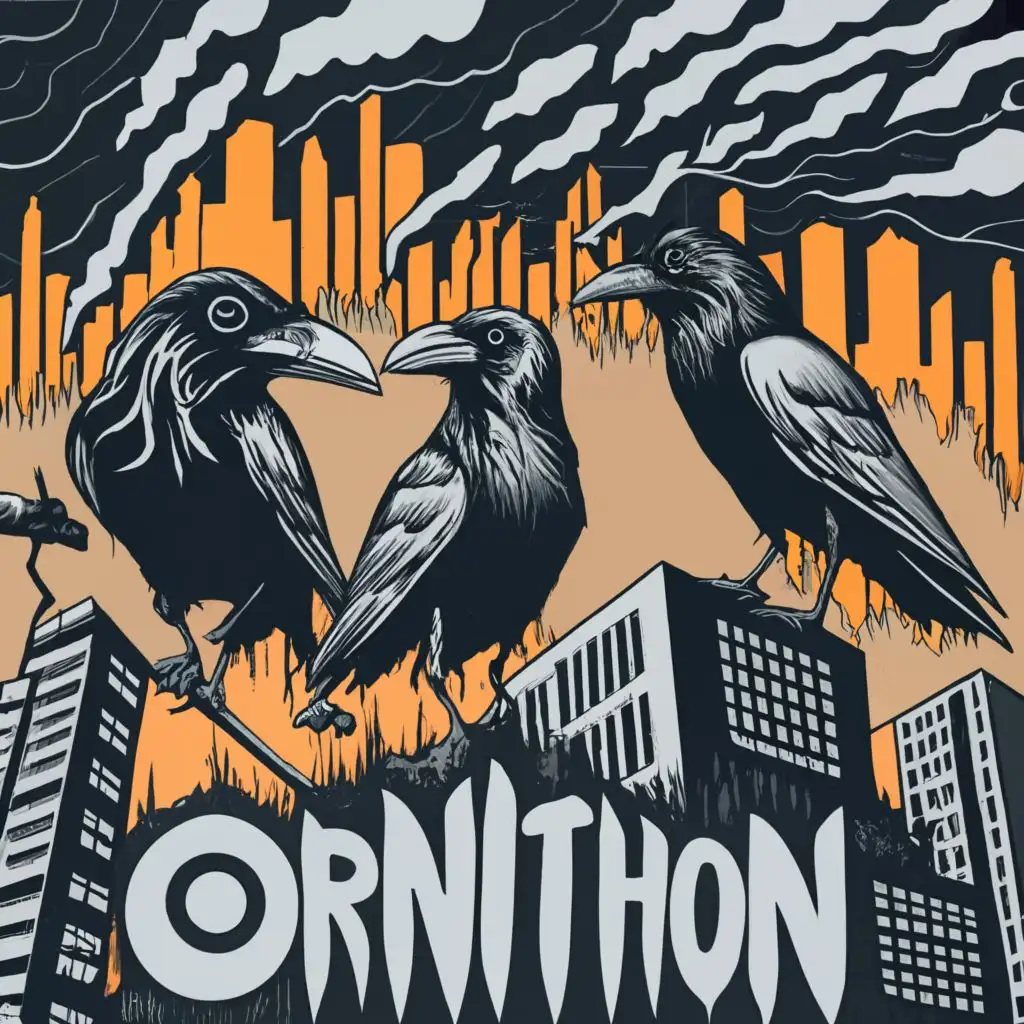 three raven, stoner rockband, psychodelic, forest fire and burned city in the background, black and white and grey, simple, graffiti style, with the text "Ornithon"