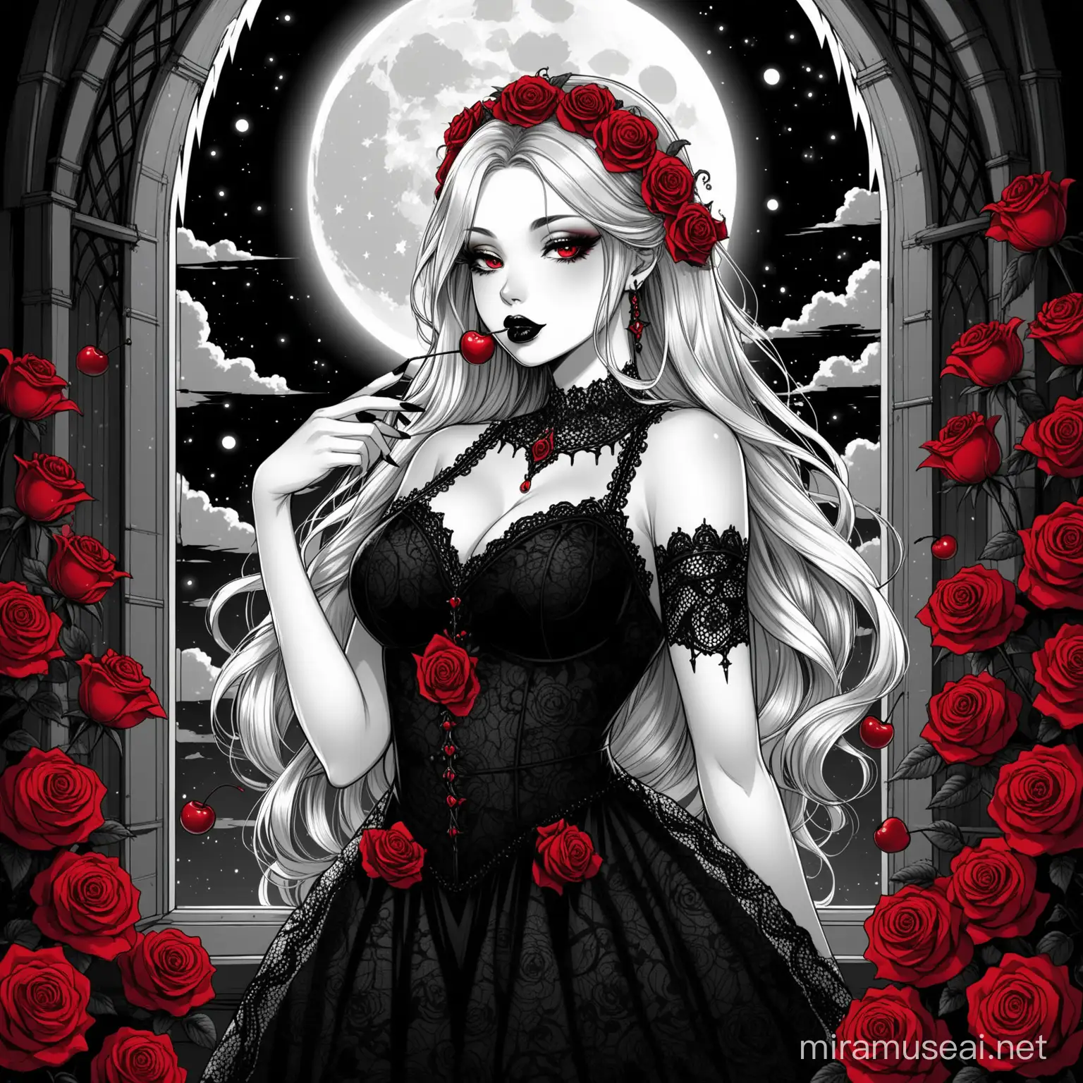 crea Fantasy cartone animato gothic in bianco e nero...una dea meravigliosa con un abito di pizzo nero, eyeliner, rossetto nero, circondata da rose rosse, ha una ciliegia rossa in mano e la tiene con la mano sulle labbra... è vicino una finestra, la luna splende.