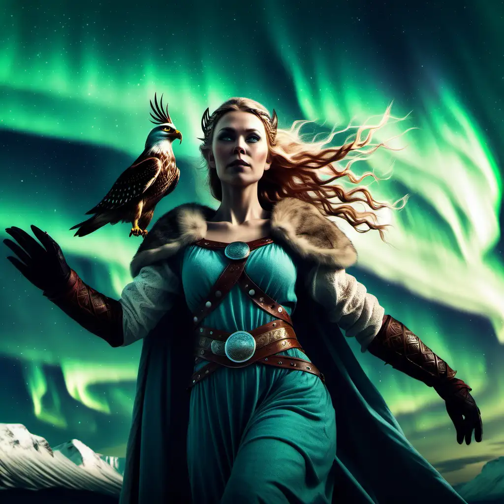 Cinematic picture of viking goddess Freyja who transfers into a falcon. Sky with the Northern lights