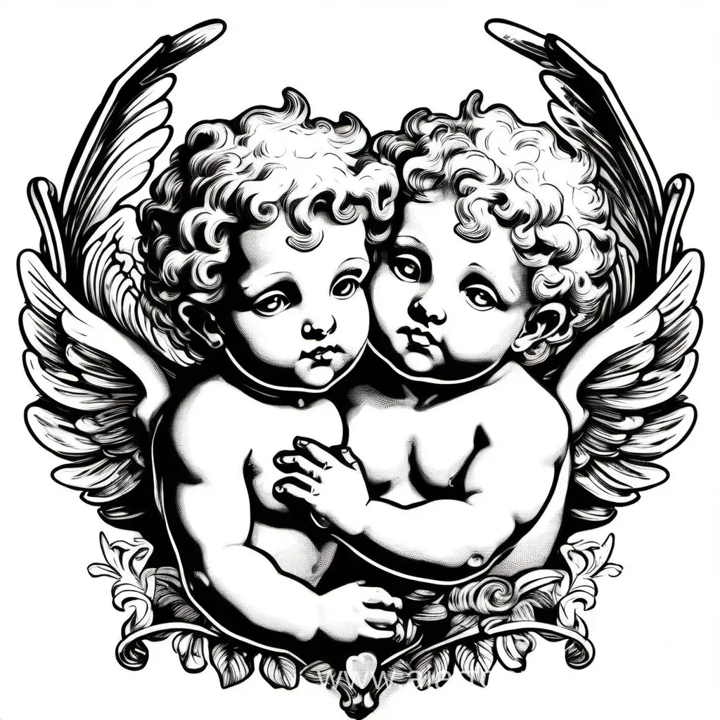 Monochrome-Drawing-of-Twin-Cupids-Embracing