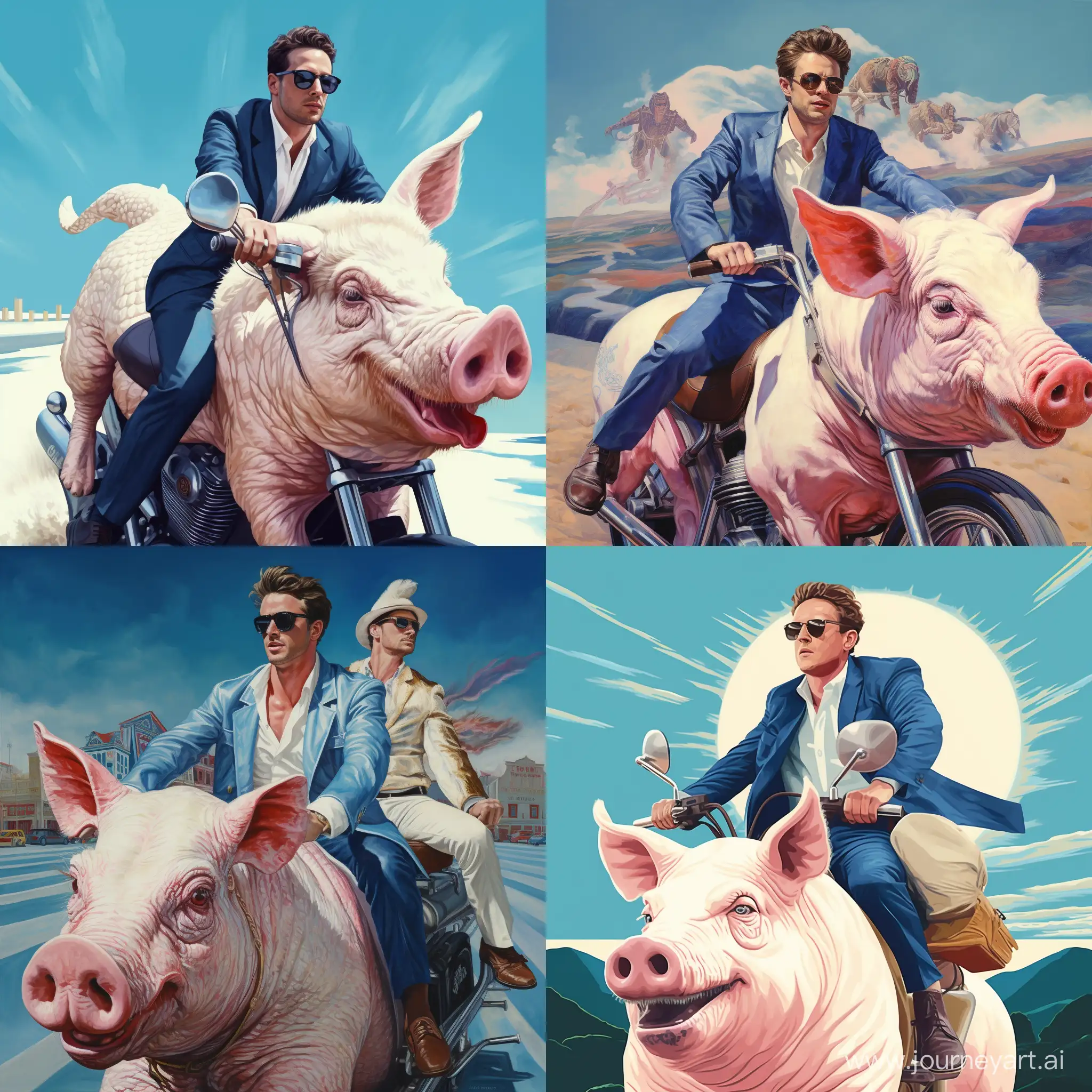 Мужчина 30 лет едет верхом на синей свинье, мужчина в белой кожаной куртке цепляется за свинью двумя руками, свинья бежит
