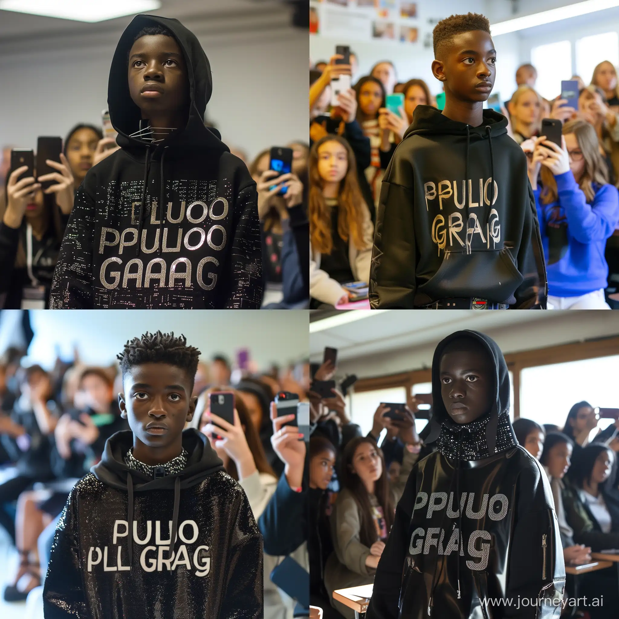 A black teenage boy in class,wearing a black futuristic hoodie that says " Paulo grag " . With everyone in class taking pictures of him with their iPhone.