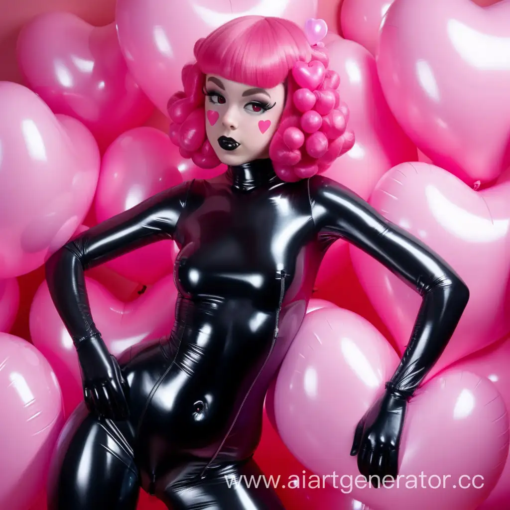 Латексная девушка с надувной черной латексной кожей. С розовыми надувными резиновыми волосами с розовыми сердечками на щеках.