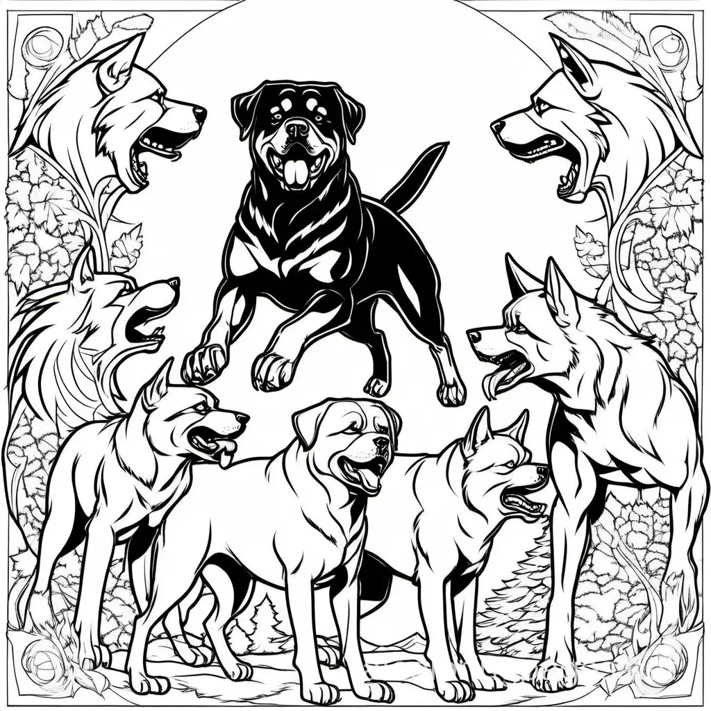 Rottweiler-vs-Wolves-Coloring-Page-Dynamic-Animal-Battle-Sketch