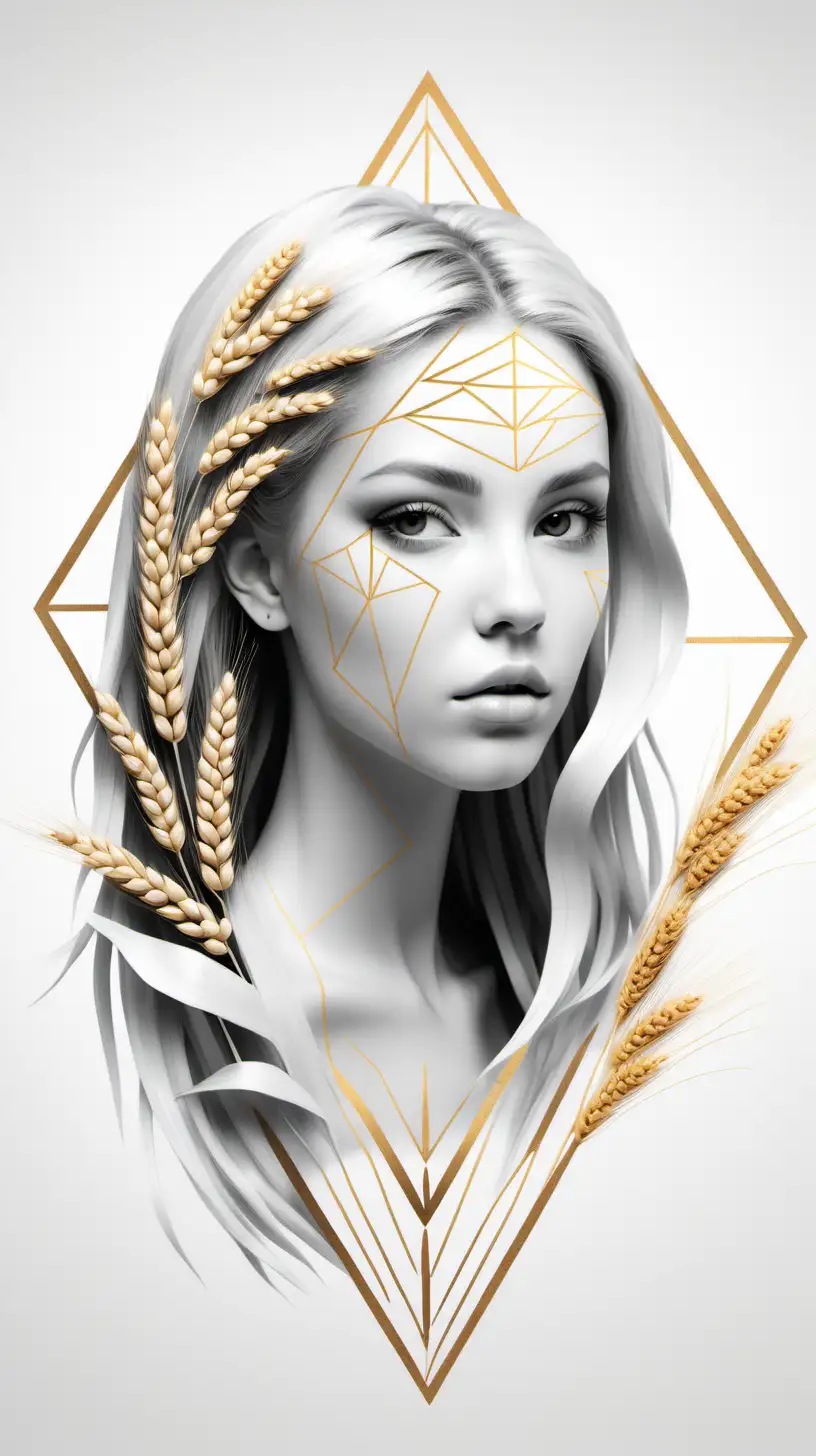 featuring a realistic [virgo zodiac]  [geometric shapes] [wheat in hair]
[black and white and gold]
white empty background
