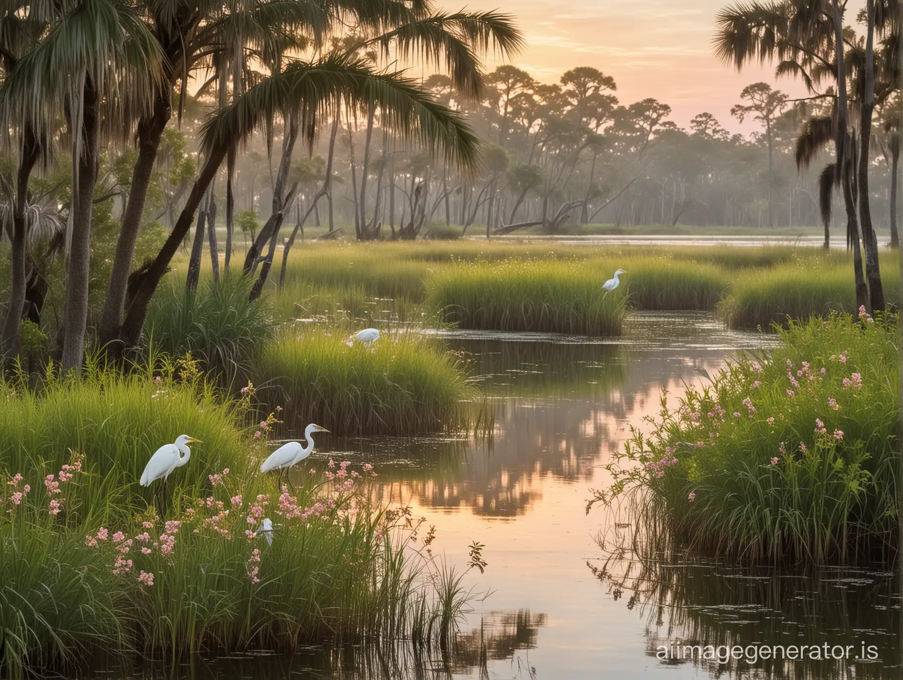Tranquil-Lowcountry-Marsh-Sunrise-Landscape-with-Egrets-and-Wildflowers