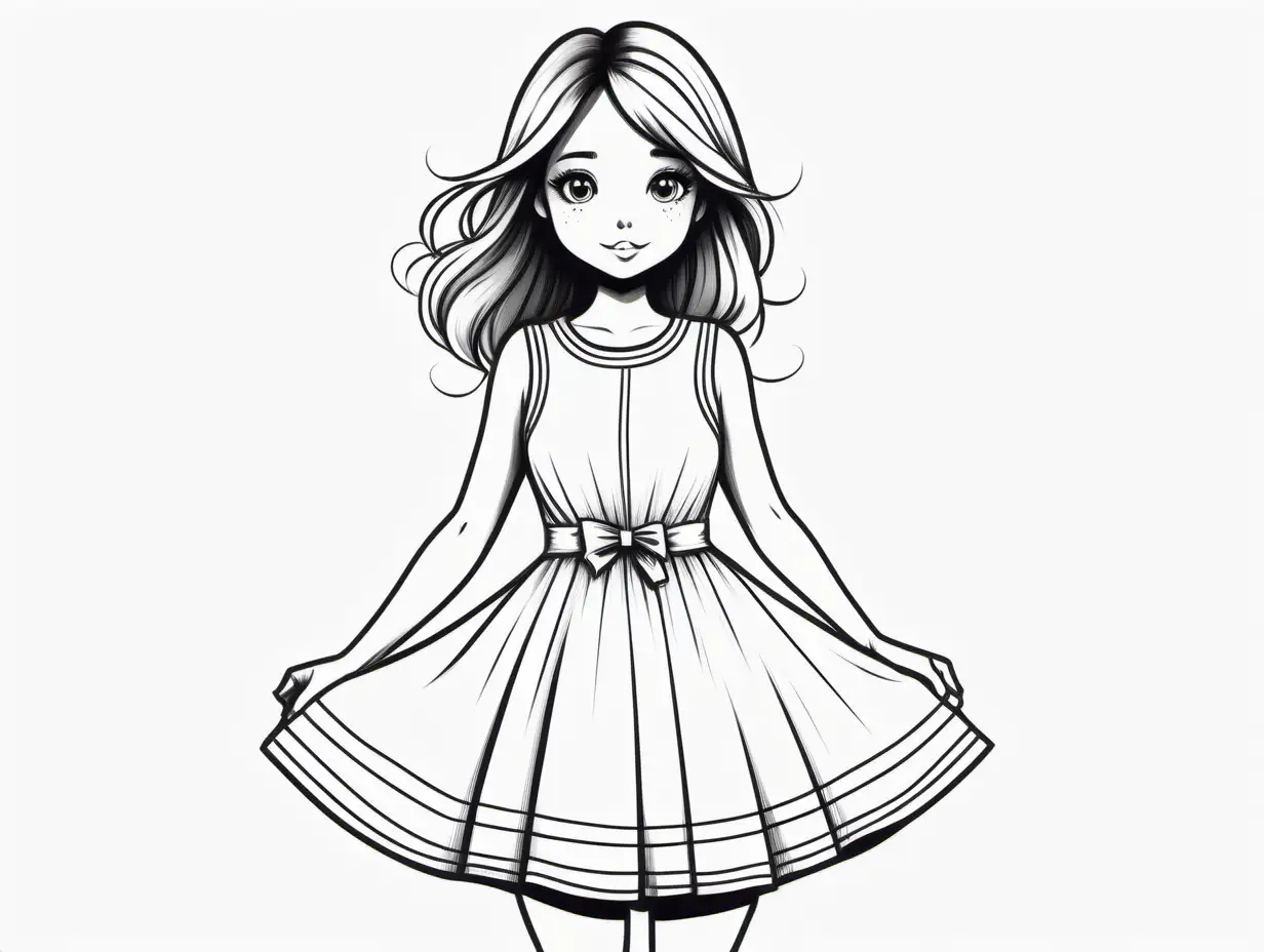 Cartoon Girl in Stylish Dress Whimsical Line Drawing