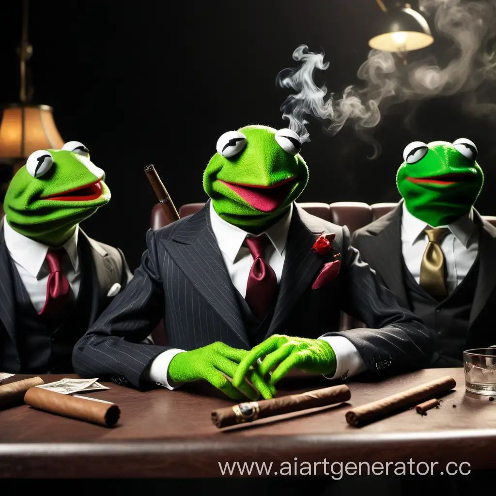 Mafia Kermit badass sitting on a table with chair while smoking a cigar and with other kermits all wearing suits