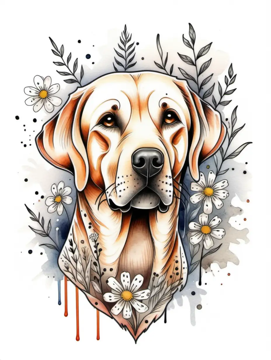 head of a Labrador, illustrative doodles, explosive watercolor, white wildflowers, stylish tattoo, white background
